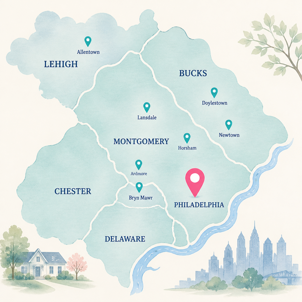 Illustrated map of Caring Partners Home Care service areas across Philadelphia and surrounding Pennsylvania counties