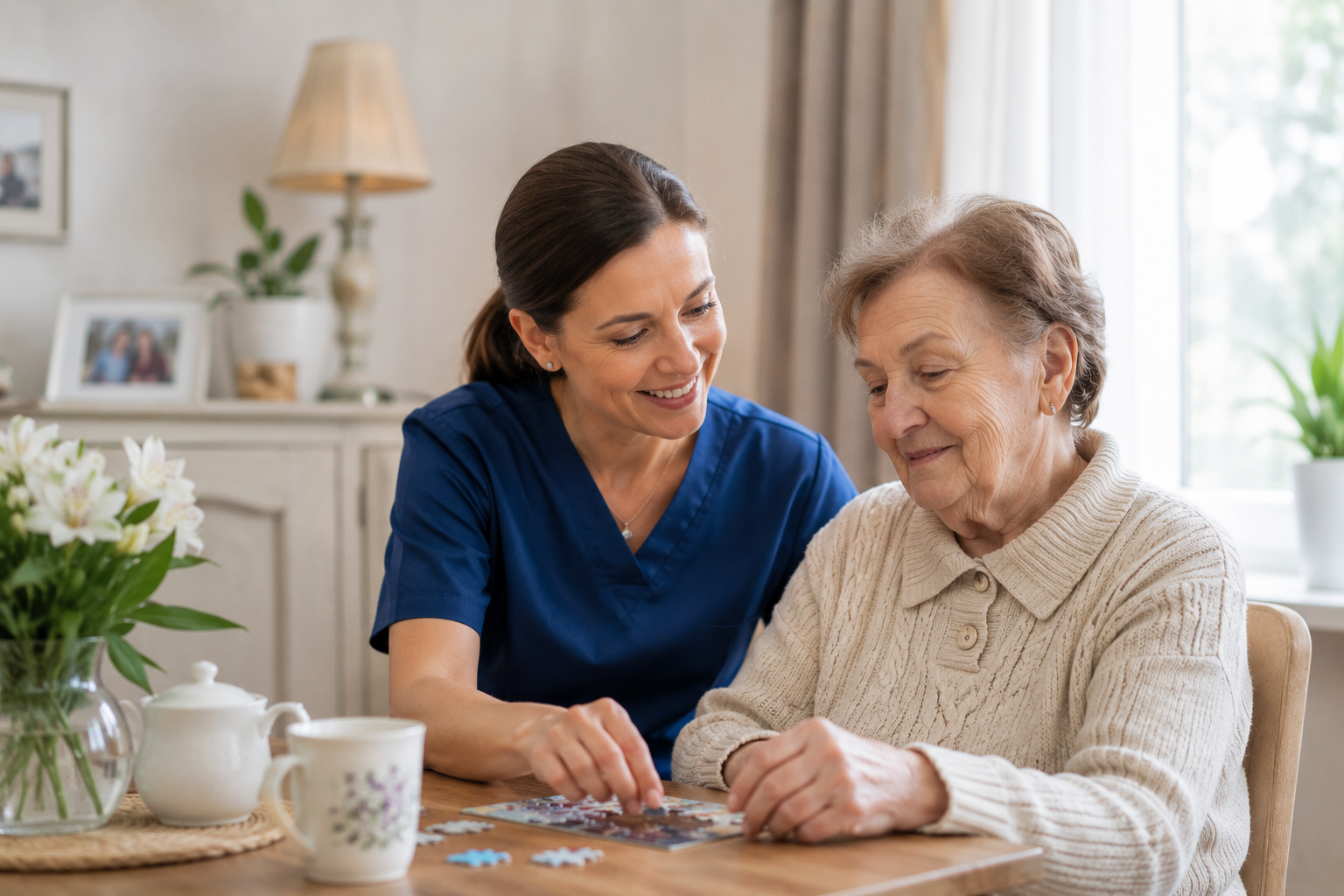 A Caring Partners caregiver doing a puzzle with a senior client at home