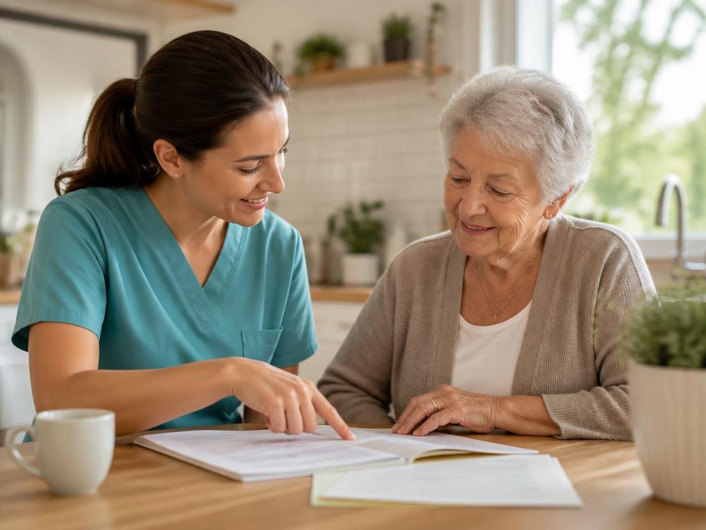 A Caring Partners caregiver helping a senior review care paperwork at home